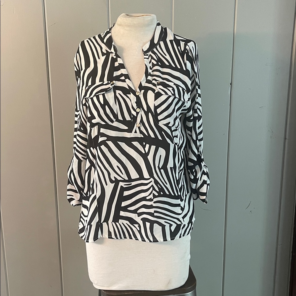 Guess Blouse Vintage Retro Black White Striped Boho Festival Corporate Club